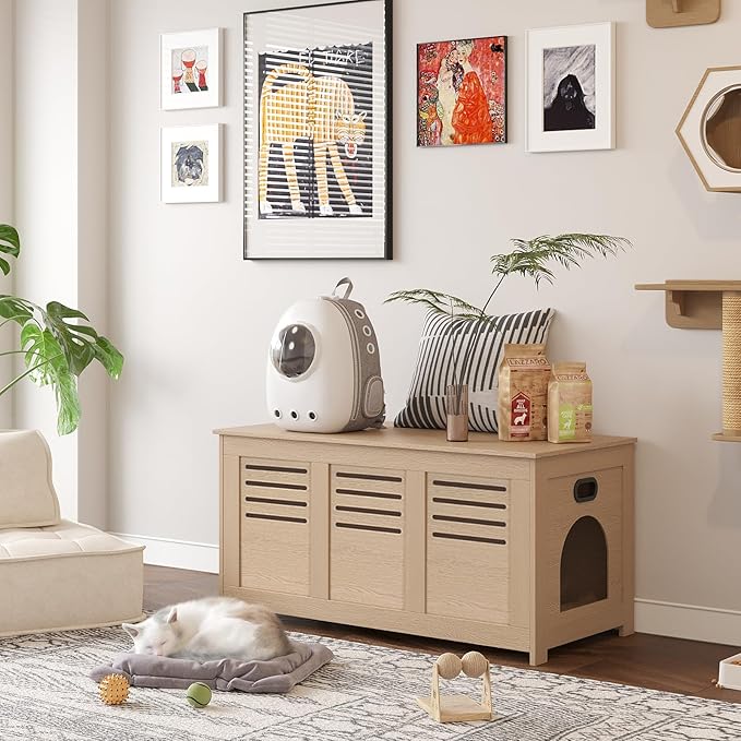 DINZI LVJ Litter Box Enclosure, Flip Top Litter Box Furniture, Hidden Cat Washroom, Wooden Cat House, End Table, 39.4" L x 19.7" W x 19.7" H, Good Ventilation, Easy to Assemble, Natural