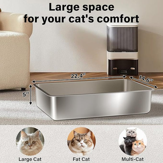 Stainless Steel Litter Box, 22.4"x14.56"x5" Metal Cat Litter Box,XLarge Metal Litterbox for Big Cat, Multiple Cats, Non Stick, Easy Cleaning