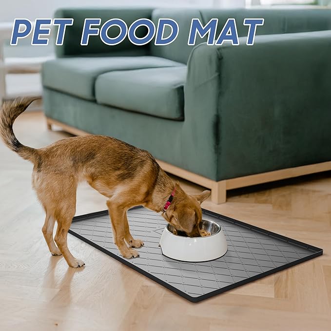 URMONA Large Dog Food Mat, 40" x 22" Pet Food Mat, Waterproof Dog Cat Food Mat with Raised Edges, Silicone Pet Food Mat, Dog Accessories, Prevents Food Spills, Protects Floors, Easy to Clean Fast