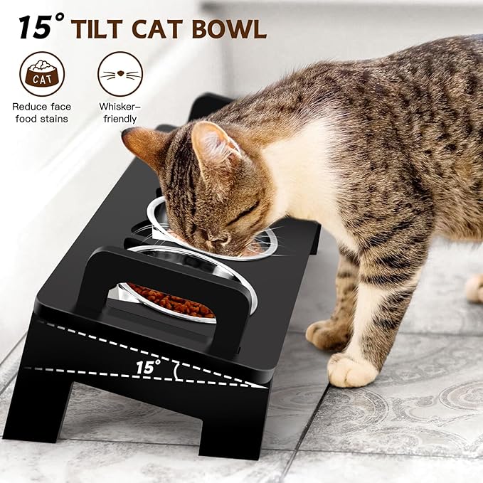 Elevated Cat Food Bowl, 3 Stainless Steel Raised Cat Bowls with Stand, 15°Tilted Cats Bowl for Indoor Cats, Pet Food and Water Bowl Set, Anti Vomitting, Whisker Fatigue and Dishwasher Safe - Black