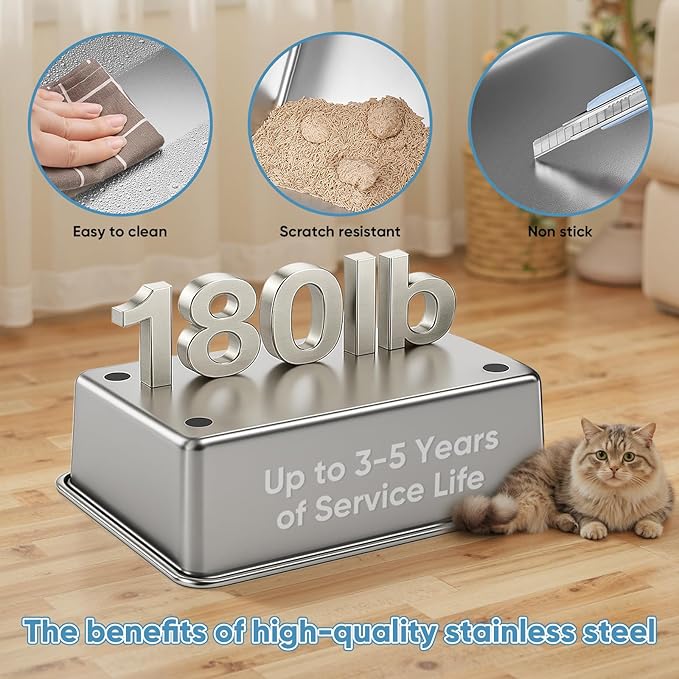 XXXL Extra Large Cat Litter Box,Stainless Steel Litter Box,Metal Litter Boxs with Hight Sides,with Pedal &Garbage Shovel,for Big Cats &Multiple Cats, Anti-Urine Leakage,Non-Stick,Easy Clean,Black.