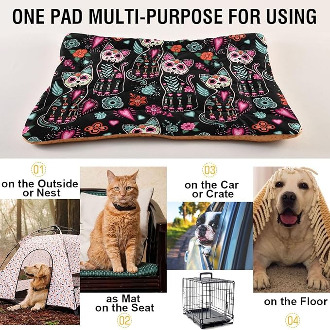 Pet Bed Gothic Cat Sugar Skull Dog Bed Mat Absorbing Non Slip Pad Pet Sleeping Mat for Small, Medium, and Large Dogs Puppy Cat 36 in x 24 in