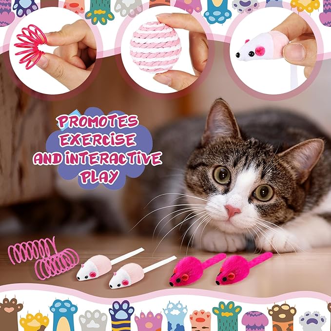 46 Pcs Cat Toys Set Interactive Cute Cat Toys Include Fur Mice Rattle Springs Crinkle Balls Pompom Bell Sisal Ball Puzzle Chase Toys for Kitten Indoor Stuff Gift(Pink)
