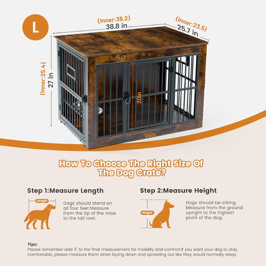 Gardner Pet Dog Crate Furniture for Medium Dogs, 38.8 Inch Dog Kennel Indoor, Wooden Dog Cage End Table with 2 Removable Bowls, Heavy Duty Dog Crate, Rustic Brown