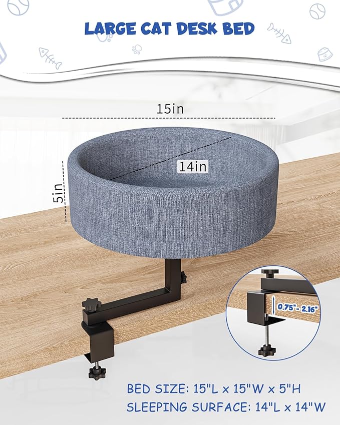 Cat Desk Bed, 360° Rotating Elevated Desk Cat Bed, Adjustable Desk Kitten Bed Up to 55 LBS, Washable Soft Fabric Pet Desks Nest Beds, Modern Indoor Cat Nest Furniture for Home, Office, Study and Room