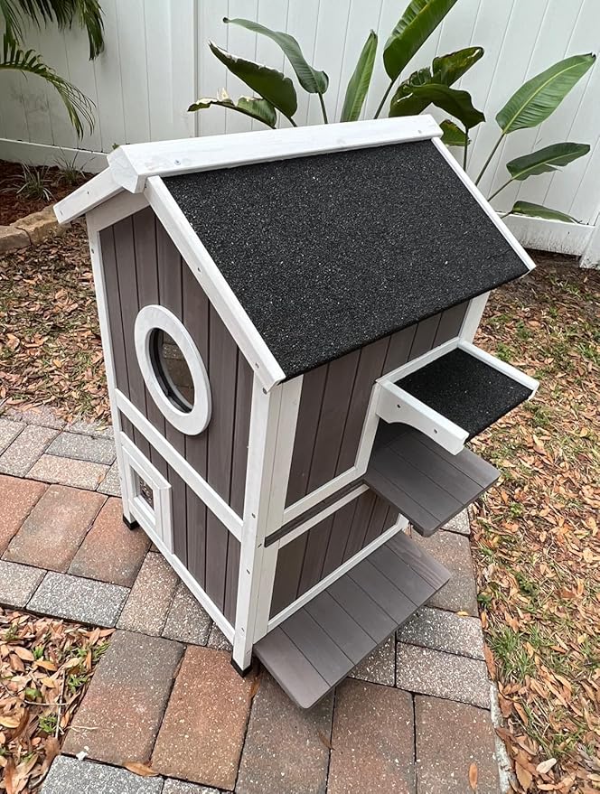 Cat House for Outdoor Cats Outdoor Cat House Weatherproof, 2 Story Feral Cat Shelter for Winter, Wooden Kitty House Home Enclosure Outside with Waterproof Roof