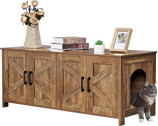 Homhedy Cat Litter Box Enclosure for 2 Cats, Wooden Pet Washroom Furniture with Double Room, Cat House, 47.2”L x 19.7”W x 19.7”H, Rustic Walnut