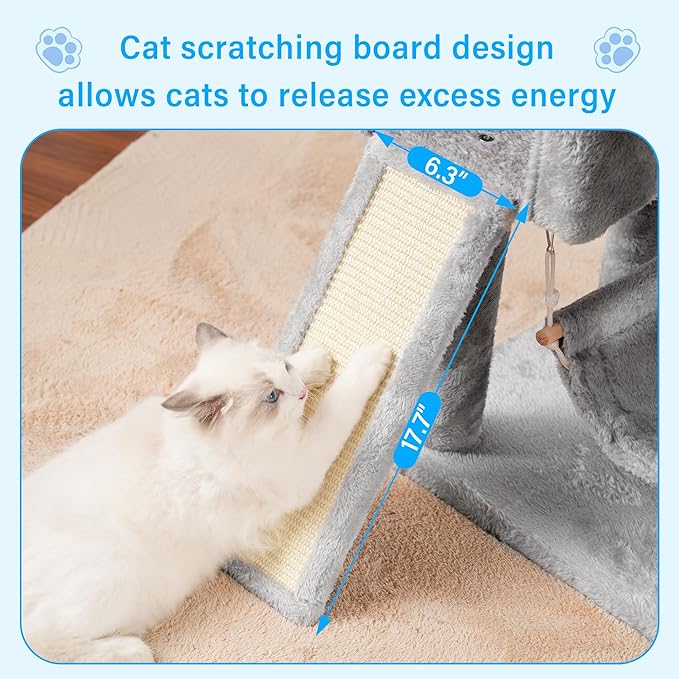 Hey-brother Cat Tree, 70.8 Inches Multi-Level Cat Tree Tower for Large Cats, Heavy Duty Cat Tower with Cat Condo,Baskets, Cat Scratching Posts, Big Hammock and Food Bowls, Light Gray MPJ036W