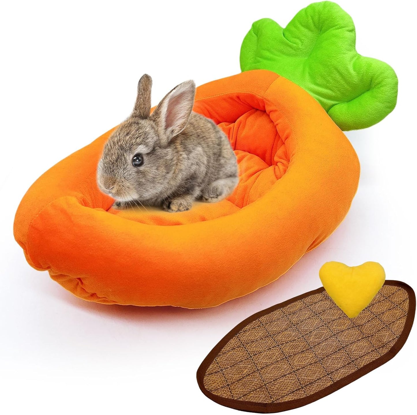 Bunny Bed,Thick&Soft Rabbit Bed with Removable Cushion,Machine Washable with Rattan Mat & Heart Decor,Cozy Warm Small Animal Sleeping Beds (Carrot Shape-M)