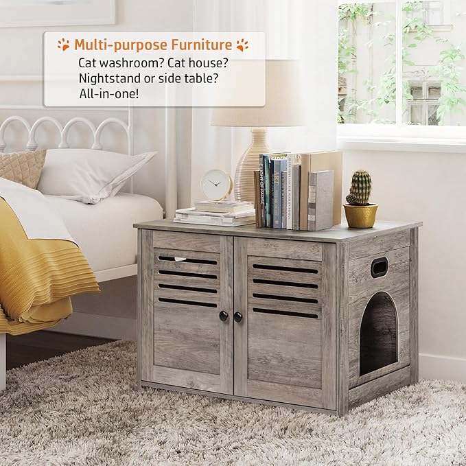 DINZI LVJ Litter Box Enclosure, Cat Litter House with Louvered Doors, Entrance Can Be on Left or Right Side, 31.5" Long Hidden Washroom for Most of Litter Box, Cat Furniture Cabinet, Greige