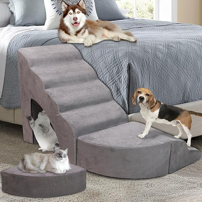 Foam Dog Stairs & Steps Ramps for High Beds 30 inches Tall for Small Dogs and Cats, LitaiL 6 Step Pet Stairs Steps for High Beds 30 inch Large Dogs, Non-Slip Dog Ramps for Older Cat
