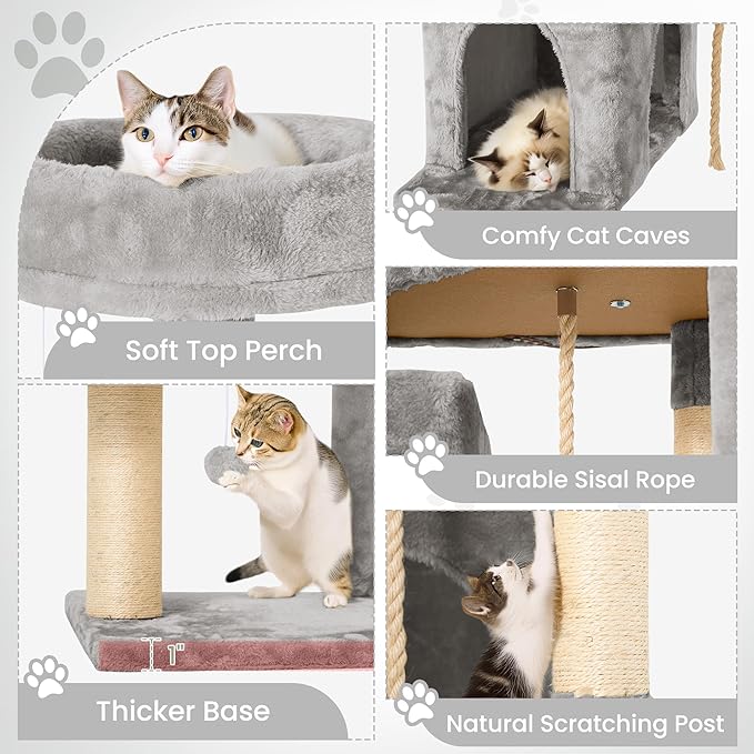58.5inch Large Cat Tree Tower Condo for Indoor Cats, Soft Plush Multi-Level Climbing Tree Cat House with 1 360° Rotating Cat Cave, Scratching Post, More Entrance/Exit, Sisal Rope, Light Grey