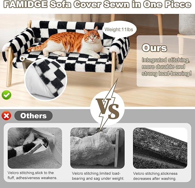 Elevated Cat Couch Bed for Indoor Cats - Wooden Pet Sofa with Removable Washable Thick Cover Raised Kitty Lounge Chair Suitable for Puppy or Small Animals(Cat Sofa Chessboard)