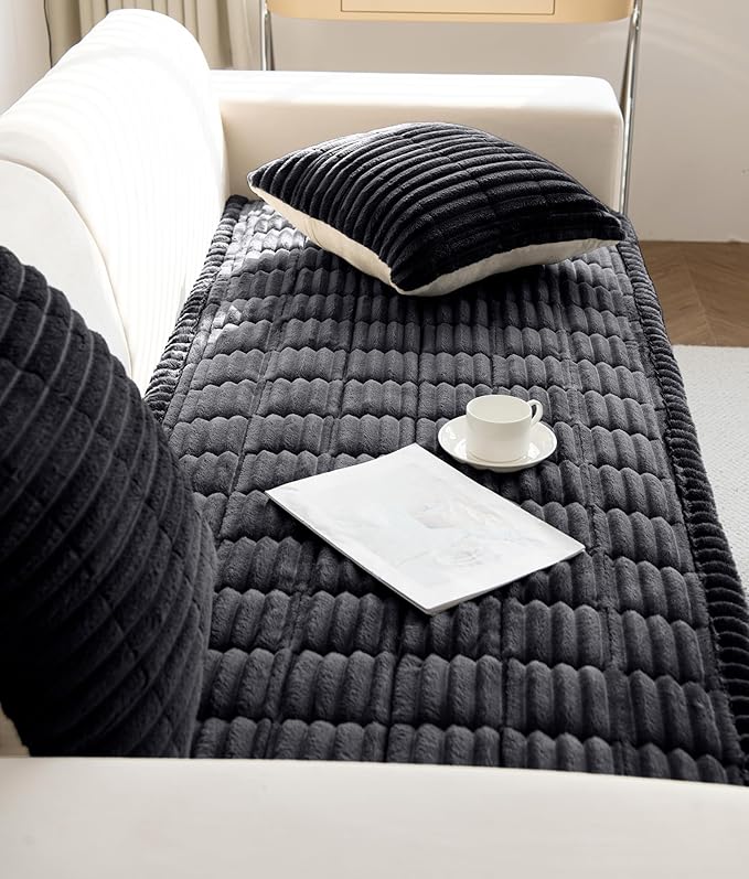 Faux Fur Plush Dog Couch Cover 3D Stripe Fuzzy Sofa Cover Non-Slip Fluffy Dog Bed Cover Pet Blanket Sofa Couch Furniture Protector for Puppy Large Dog Cat (Black,31"x82")