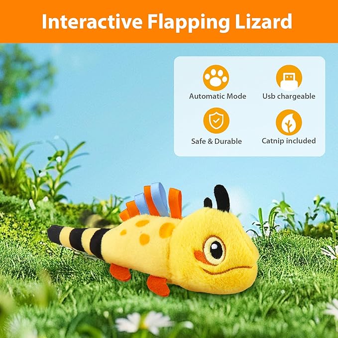PETGEEK Gigwi Flapping Cat Toys for Indoor Cats, Rechargeable Lifelike Interactive Lizard Cat Toy Tweet, 2 Modes Wagging Tail Catnip Toy, Automatic Cat Toys for Kitten Cats Self Play, Touch Activated
