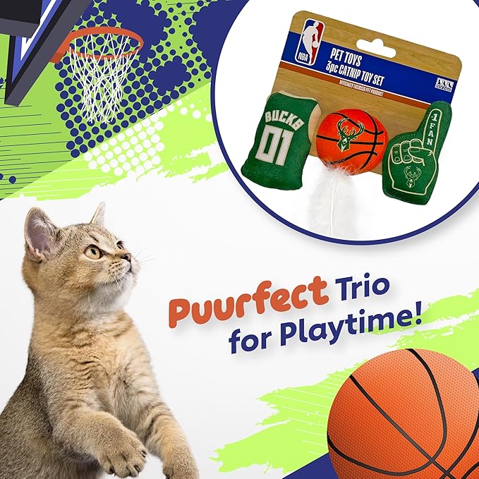 Best Plush CAT Toy NBA Milwaukee Bucks Complete Set of 3 Piece Cat Toys Filled with Fresh Catnip. Includes: 1 Jersey Cat Toy, 1 Basketball Cat Toy with Feathers & 1#1 Fan Cat Toy. Beautiful Team Logo
