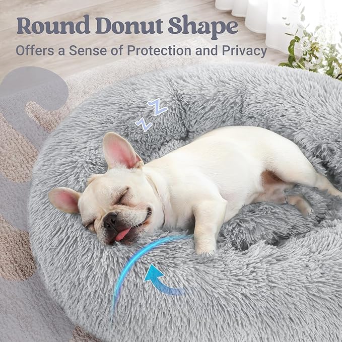 rabbitgoo Calming Dog Bed for Small Medium, 27 inches Pet Bed Machine Washable, Non-Slip Round Fluffy Plush Faux Fur, Soft Donut Cuddler Cushion for Small Dogs, Light Grey