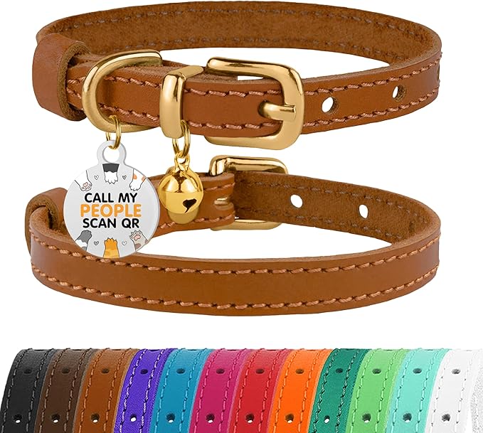 BRONZEDOG Leather Cat Collar with Removable Bells Non Breakaway Kitten QR Tag for Girl Boy (7" - 9" for Cats, Light Brown & Gold)