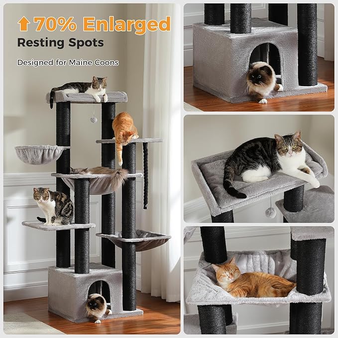 Large Cat Tree with 13 Thick Study Scratching Posts (φ4.3in)-67in Heavy Duty Cat Tower for Indoor Adult Cats with XXL Cat Condo, Super Big Perch & 3 Hammocks for Maine Coon 20 lbs -Gray
