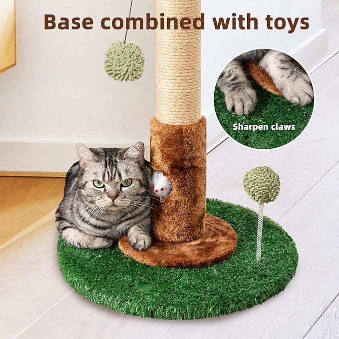 Meowoou Cat Scratching Post for Indoor Cats with Cat Toy Mouse Hole and Interactive Hanging Ball,32 inch Tall Cat Scratcher Palm Cat Tree Tower with Sisal Rope for Indoor Kitten