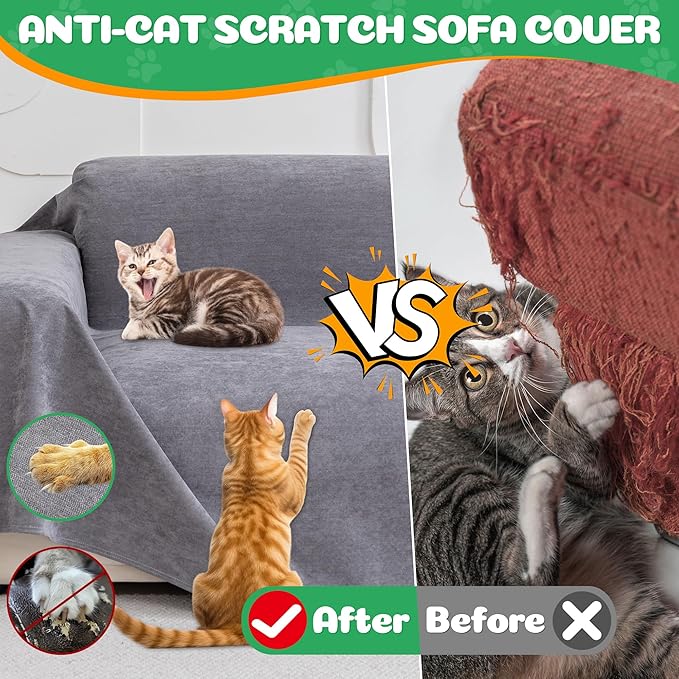 Loiion Cat Scratch Furniture Protector - Anti-Slip, Waterproof Sofa Cover to Keep Cats Off, Pet-Friendly Couch Protectors for 3 Cushion Couch, Gray Anti-Scratch Couch Cover for Pets and Kids 134"X71"