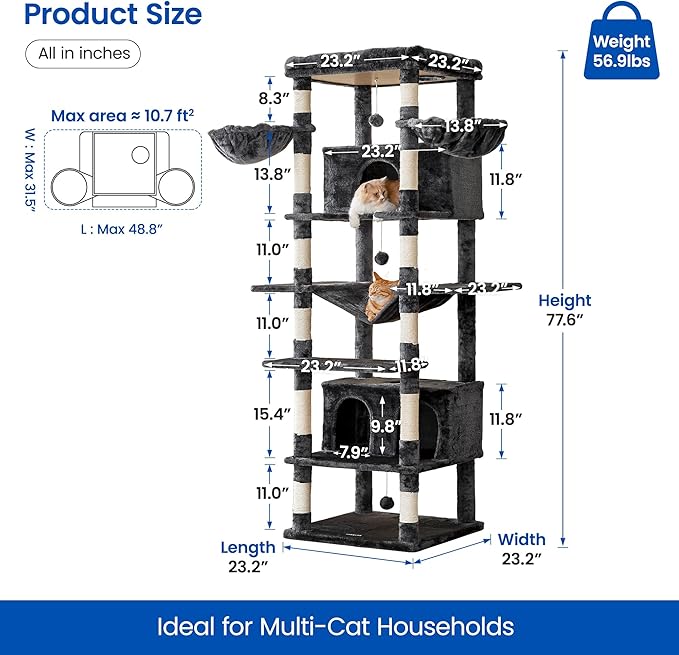 MWPO Extra Large Cat Tree, 77.6-Inch Tall Cat Tower for Indoor Cats with 2 Condos, Multi-Level Cat Stand for Large Cats, 3 Hammocks, Wide Perch, Scratching Posts, Dangling Toys, Smoky Grey