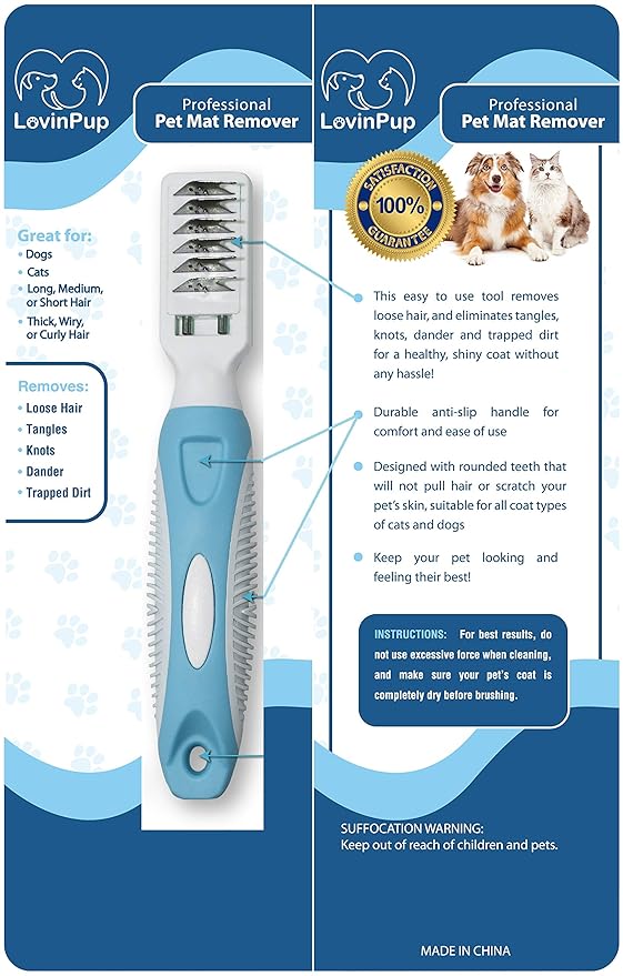 Pet Mat Remover Easily removes Mats Professionally from your DOGS & CATS and Straightens Tuft & Knotted Pet hair. Extremely Gentle on pets, works on Sensitive Skin too! Blue