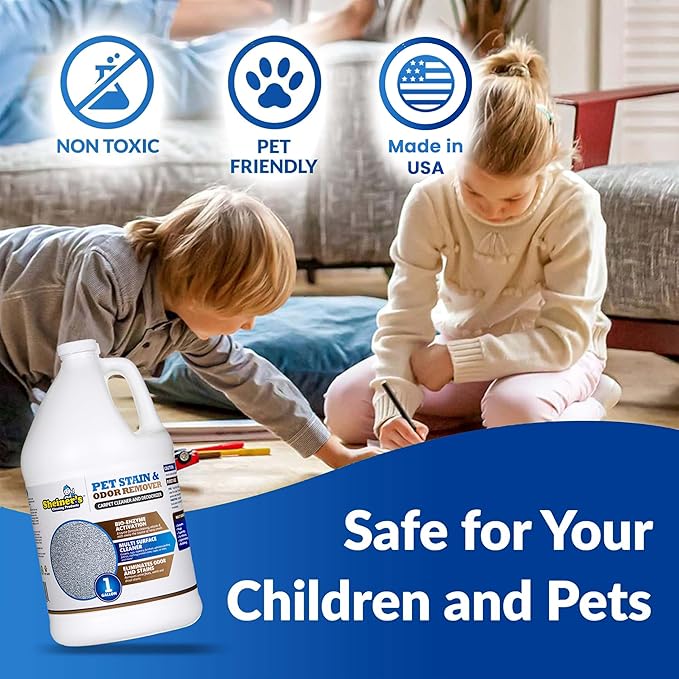 Sheiner's Pet Stain Remover & Pet Odor Eliminator, Advanced Cleaning Bio-Enzyme Cleaner Solution for Carpets, Rugs, Upholstery & Multi-Surfaces, Safe for Pets & Kids. (128 oz)