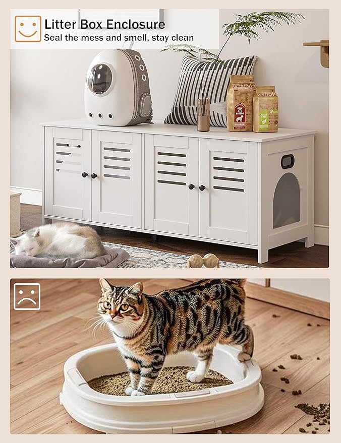 DINZI LVJ Litter Box Enclosure for 2 Cats, Hidden Litter Box Furniture with Double Rooms, Dual Cat Litter House, Front Doors, 47.2" Wooden Hidden Cat Washroom, Side End Table, TV Stand, White