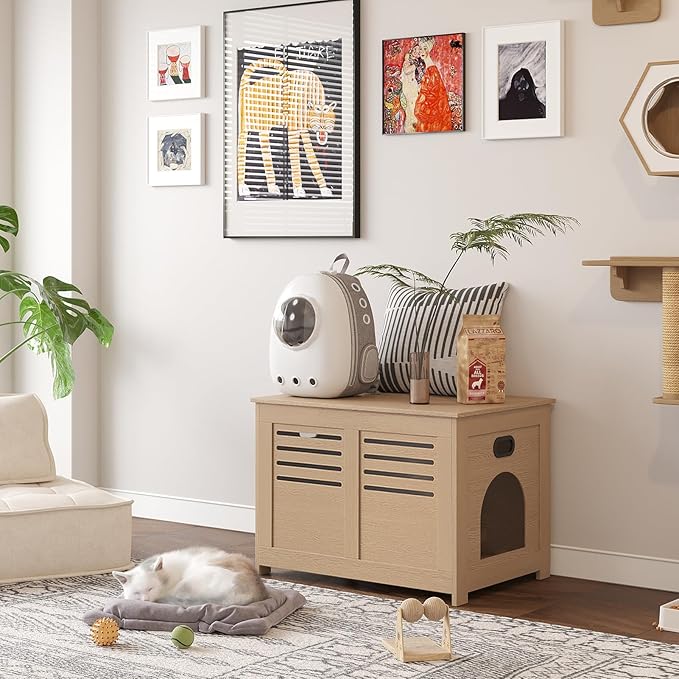 DINZI LVJ Litter Box Enclosure, Flip Top Litter Box Furniture, Good Ventilation, Hidden Cat Washroom, 27.6" L x 19.7" W x 19.7" H, Entrance Can Be on Left or Right, Wooden Cat House, Natural