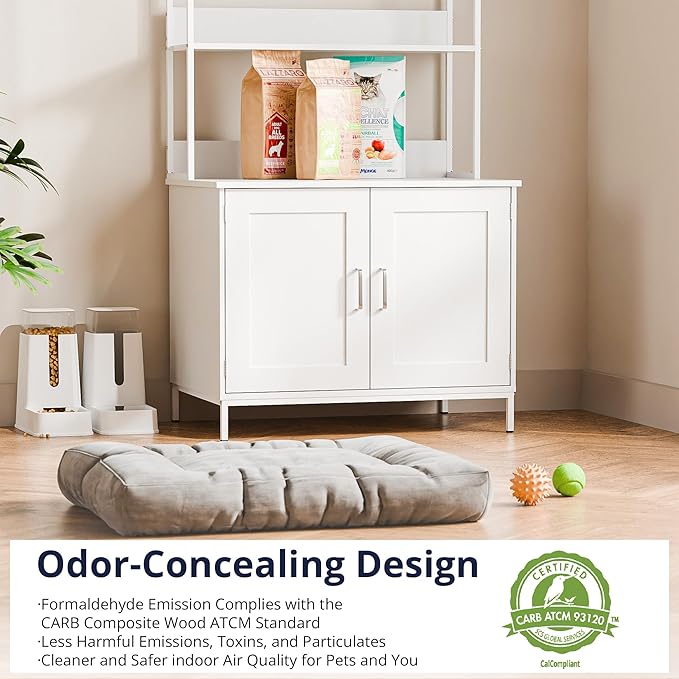 Cozy Castle Litter Box Enclosure, 57'' Cat Litter Box Furniture with Large Cabinet, Shelves and 4 S-Hooks, Hidden Cat House for Most of Litter Boxes, Wooden Pet Washroom Indoor, White