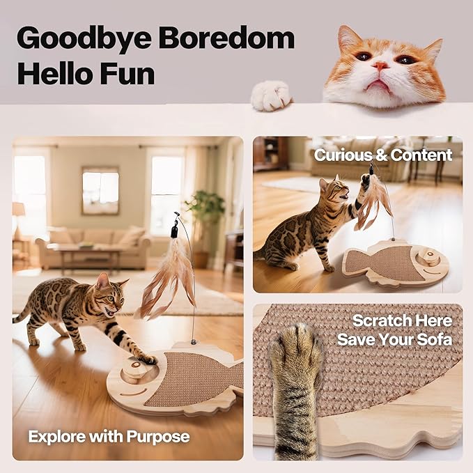 Pawise Cat Scratcher,Fish Shaped Cat Scratcher Toy,Natural Sisal Cat Scratching Board with Feather Teaser and Wooden Roller Ball Toy,Interactive Cat Toy for Indoor Cats,Kittens,+Replacement Feather