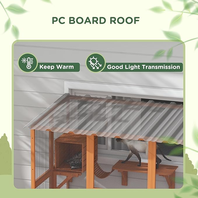 PawHut Catio Outdoor Cat Enclosure Window Box, Wooden Cat House Playground with Scratching Posts, Weather Protection Roof for 1-2 Kitties, Resting Boxes, 68" x 35.5" x 70.5", Orange