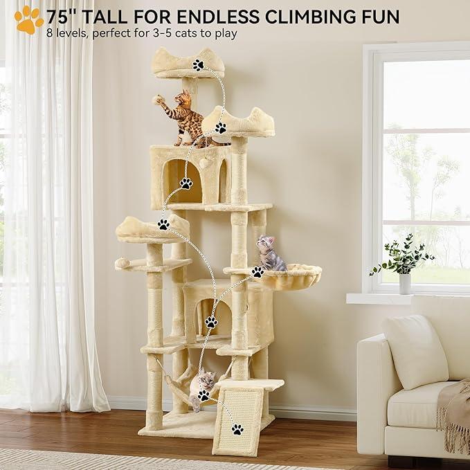 YITAHOME 75-Inch Tall Cat Tree Indoor: Multi-Level Kitten Tower with Kitty Condos, Top Perches, Sisal Ramp, Scratching Posts & Cozy Basket Hammocks Pet Play House Beige