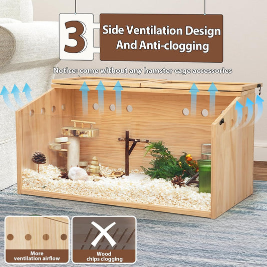 COZIWOW Wooden Hamster Cage, Large Hamster Habitats Enclosure with Acrylic Window & Openable Top, (32" L x 16" W x 16" H) Small Animal Cage for Guinea Pig, Chinchilla, Gerbil