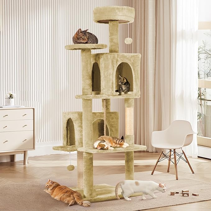 58.5inch Large Cat Tree Tower Condo for Indoor Cats, Soft Plush Multi-Level Climbing Tree Cat House with 1 360° Rotating Cat Cave, Scratching Post, More Entrance/Exit, Sisal Rope, Light Yellow