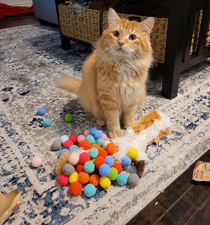 Loty Store 50PCS Cat Toys Balls 3CM,Soft Colorful Pompoms Ball Cat Chew Toy Kitten Pet Toy, Scratching Balls Toy Interactive Pet Supplies for Cats Kittens Dog