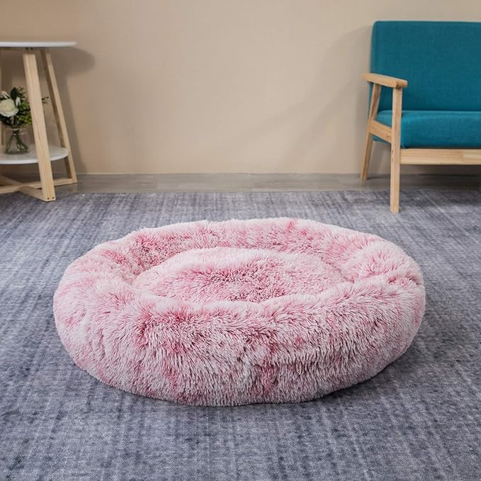 Coohom Oval Calming Donut Cuddler Dog Bed,Shag Faux Fur Cat Bed Washable Round Pillow Pet Bed(30"/36"/43") for Small Medium Dogs (XXL(43"x34"x8"), Red)