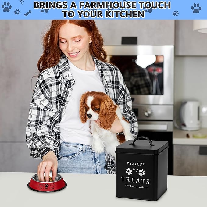 Meraki Home Small Dog Food Container and Dog Treats Container - Tight Lids - Feed Scoop and Pet Food Bowl - Farmhouse Metal Storage Bin - Matte Black