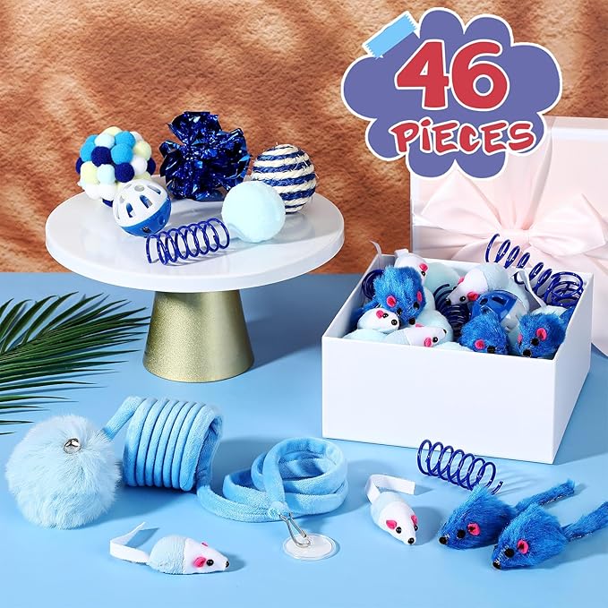 46 Pcs Cat Toys Set Interactive Cute Cat Toys Include Fur Mice Rattle Springs Crinkle Balls Pompom Bell Sisal Ball Puzzle Chase Toys for Kitten Indoor Stuff Gift(Blue)