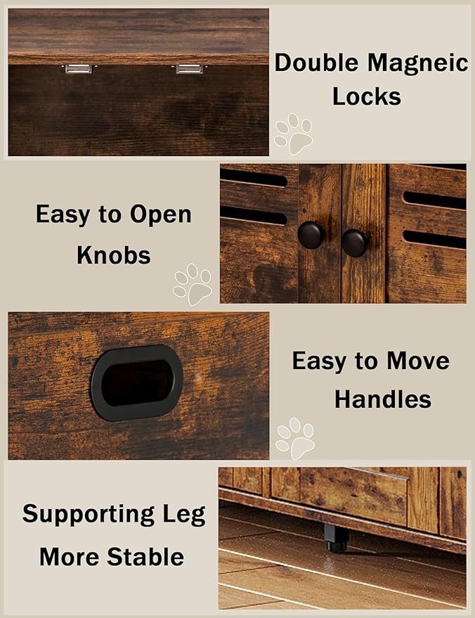 DINZI LVJ Litter Box Enclosure for 2 Cats, Hidden Litter Box Furniture with Double Rooms, Dual Cat Litter House, Front Doors, 47.2" Wooden Hidden Cat Washroom, Side End Table, TV Stand, Rustic Brown