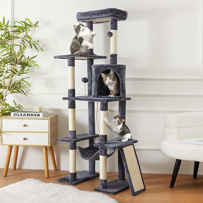 Large Cat Tree,65-inch Tall Multi-Level Cat Tower with Sisal-Covered Scratching Posts, Condo, Hammock, Dangling Ball,Grey