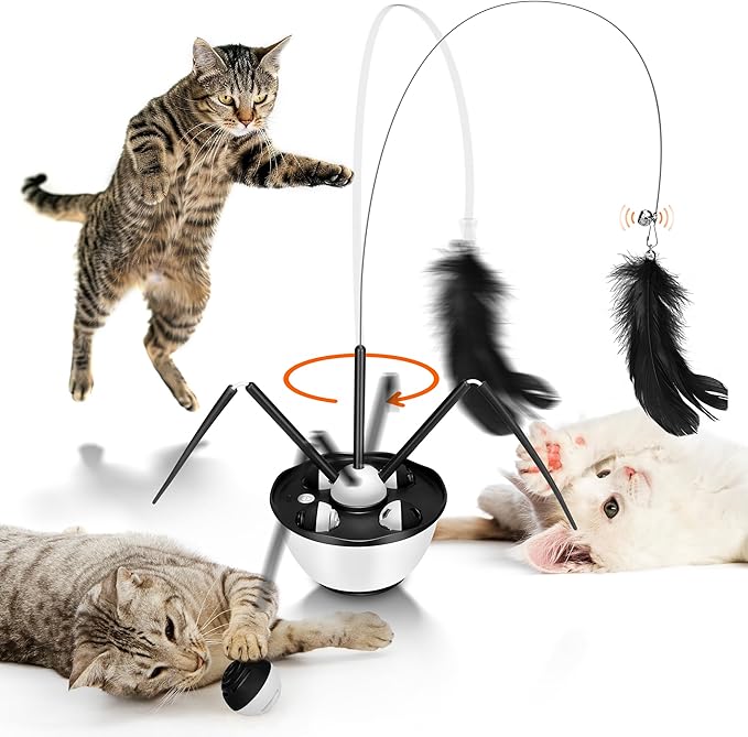 Cat Toys for Indoor Cats - Automatic Cat Dancer & Interactive Cat Toy Kit with Feather, Butterfly, Ribbon & Catnip Wand - Enrichment USB Rechargeable (Black)