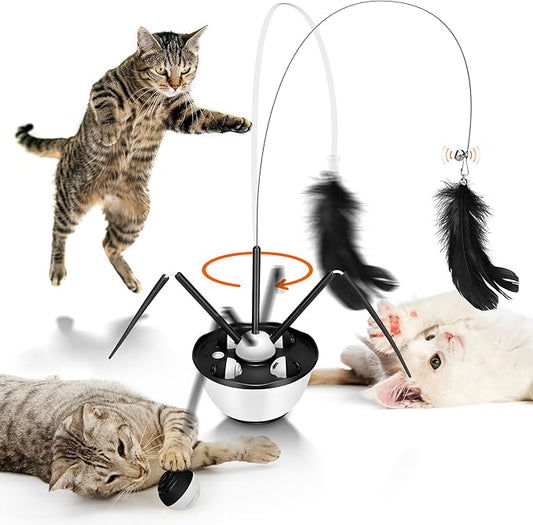 Cat Toys for Indoor Cats - Automatic Cat Dancer & Interactive Cat Toy Kit with Feather, Butterfly, Ribbon & Catnip Wand - Enrichment USB Rechargeable (Black)