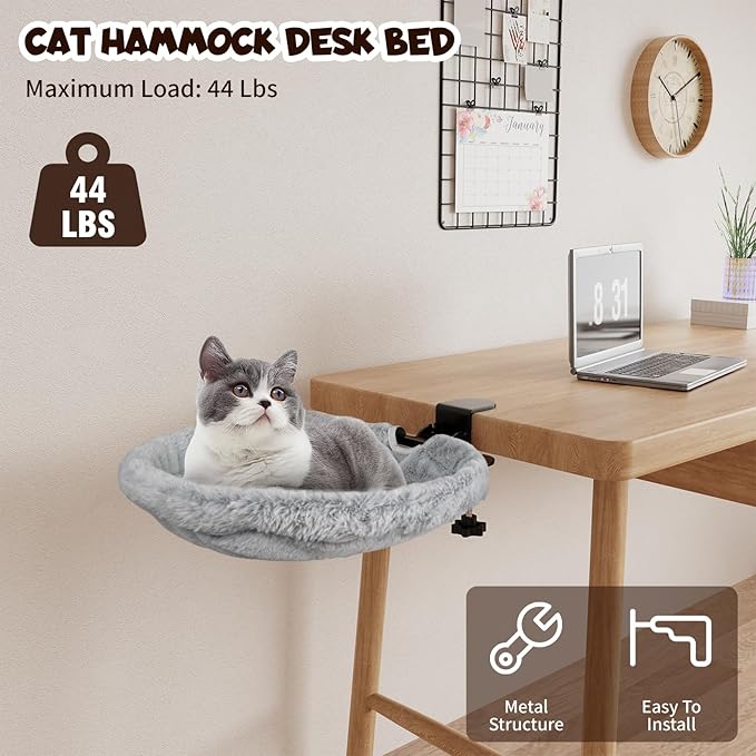 Cat Hammock Bed, 90° Foldable Cat Desk Bed, Adjustable Kitten Beds Up to 44 LBS, Durable Ergonomic Desk Cat's Beds Mount, Washable Soft Fabric Pet Desks Nest Beds for Home, Office, Room and Study