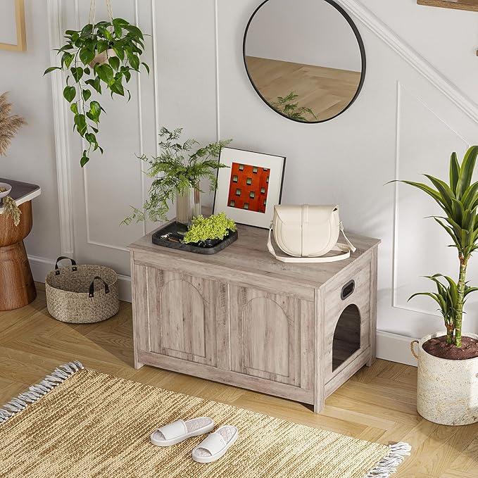 DINZI LVJ Cat Litter Box Enclosure, Flip Top Litter Box Furniture, Farmhouse Hidden Cat Washroom, Wooden Pet House, End Side Table, 31.5" L x 19.7" W x 19.7" H, Sturdy and Easy to Assemble, Greige