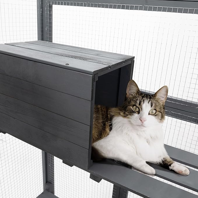 Large Stylish Wooden Catio Outdoor Cat Enclosure Cat Cage & Run Enclosures Indoor Kitty Window Catio with Waterproof Roof, 7 Platforms & 2 Resting Box, UV Resistant, 62.4" L x 32.4" W x 70" H (Grey)