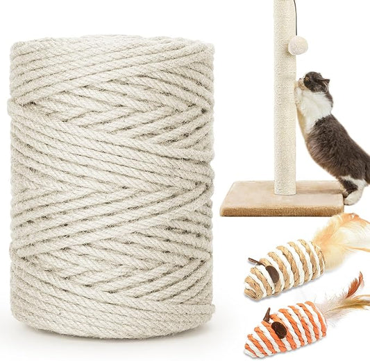 262FT/80M Cat Scratching Sisal Rope, 6mm Thick Natural Jute Rope for Scratch Posts, Cat Trees, DIY Projects, Sisal Rope for Cat Scratcher with 2 Cat Mouse Toys (White, 262ft)