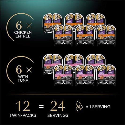 Sheba Perfect Portions Wet Cat Food Pate Savory Chicken Entree and with Sustainable Salmon Variety Pack, 2.6 oz. Twin-Pack Trays (6 Count, 12 Servings) (Pack of 2)