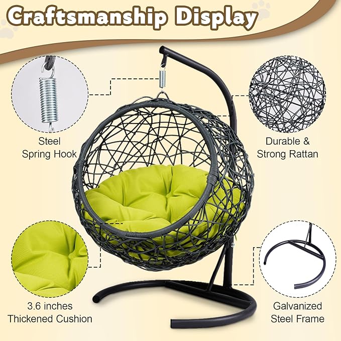 Cat Swing Bed with Stand & Cushion - Rattan Wicker Design, Indoor/Outdoor Hanging Hammock for Cats and Small Pets, Green